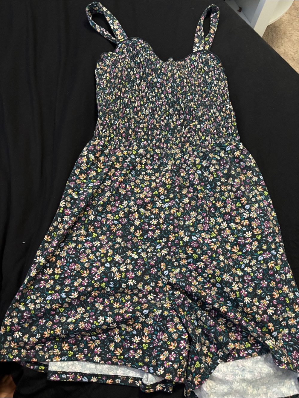 Girls Black Floral One-Piece Romper - Smocked Straps